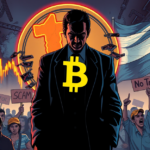 阿根廷总统米莱站在崩塌的Libra加密货币标志前，背景是愤怒的抗议者和下跌的股市图