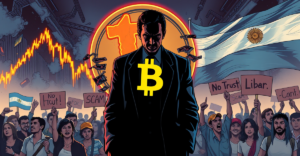 阿根廷总统米莱站在崩塌的Libra加密货币标志前，背景是愤怒的抗议者和下跌的股市图