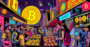 复古漫画风格的市场场景，人们使用比特币进行交易，象征比特币循环经济
