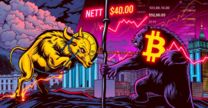 比特币价格在多空力量交织下的动态表现，背景包含白宫和联邦储备大楼