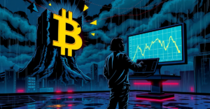 比特币符号在暴风雨天空下破裂，象征比特币价格下跌