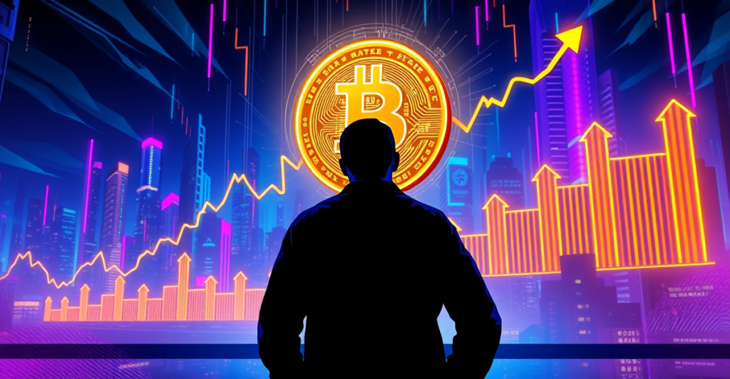 复古漫画风格封面展示比特币符号在霓虹灯下闪耀，交易员站在前景，背景是未来城市和上升趋势图