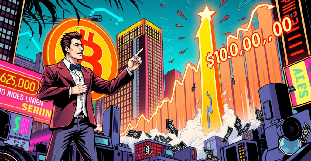 复古漫画风格插图展示交易员和投资者推动比特币价格从95,000美元向100,000美元迈进，背景是数字图表和未来城市景观。