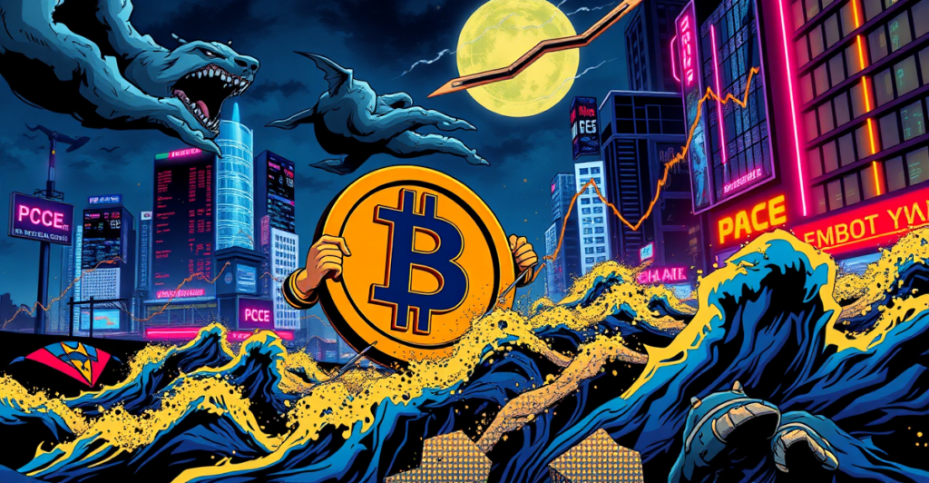 比特币符号在复古漫画风格中对抗波动的金融市场和通胀数据