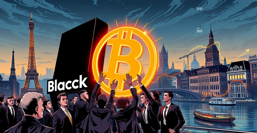 BlackRock比特币ETP在欧洲市场的推广，展示BlackRock标志与比特币符号的结合，背景为欧洲地标