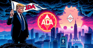 复古漫画风格插画展示Cardano (ADA) 作为未来城市景观，中心是霓虹灯照亮的ADA硬币，背景有唐纳德·特朗普和国家加密货币储备提案的象征。
