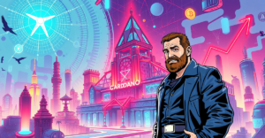 查尔斯·霍斯金森站在未来风格的Cardano数字堡垒前，背景是上升的市场趋势图和区块链网络