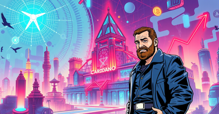 查尔斯·霍斯金森站在未来风格的Cardano数字堡垒前,背景是上升的市场趋势图和区块链网络