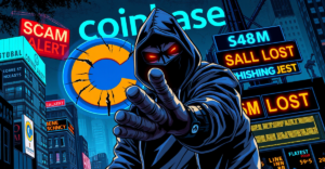 一名黑客在夜色中伸手触碰破裂的Coinbase标志，背景显示4600万美元损失的警示