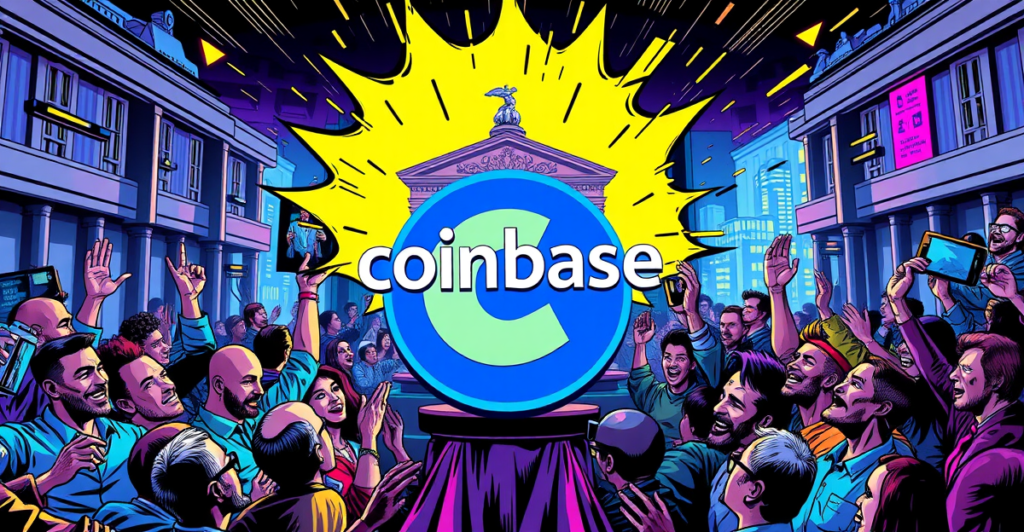 Coinbase庆祝质押服务诉讼撤销，背景是霓虹灯城市和欢呼的投资者