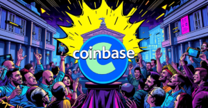 Coinbase庆祝质押服务诉讼撤销，背景是霓虹灯城市和欢呼的投资者