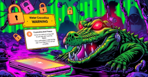 一只象征Crocodilus恶意软件的鳄鱼在数字沼泽中潜伏，背景是显示虚假覆盖层的智能手机，周围有漂浮的锁和断裂的链条。