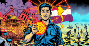 Binance联合创始人赵长鹏在加密货币灾害救援行动中，背景是缅甸地震和泰国洪水的灾后场景