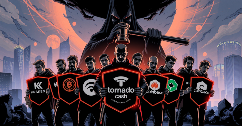 一群加密开发者团结一致对抗象征司法部的阴影人物，背景是区块链行业的未来城市景观。