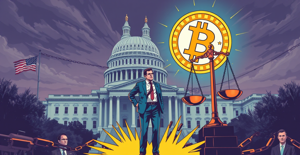 SEC的监管大锤砸向加密货币，背景是纳斯达克和SEC大楼，象征加密货币监管的新方向