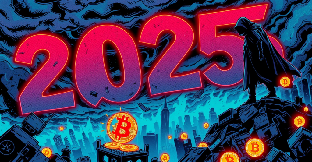 2025年经济衰退的复古漫画风格插图，展示加密货币在市场不确定性中的挣扎