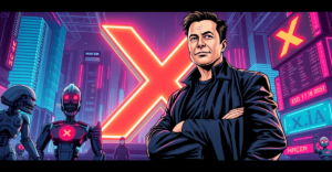 Elon Musk站在发光的X标志前，背景是AI机器人和股市图表，象征xAI收购X的交易