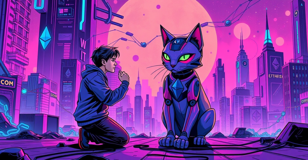 Vitalik Buterin与机器人猫互动，象征以太坊未来的复古漫画封面