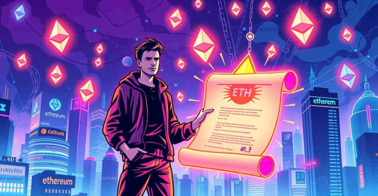 复古漫画风格封面展示以太坊作为区块链技术未来之星,维塔利克·布特林站在未来城市前,手持智能合约。