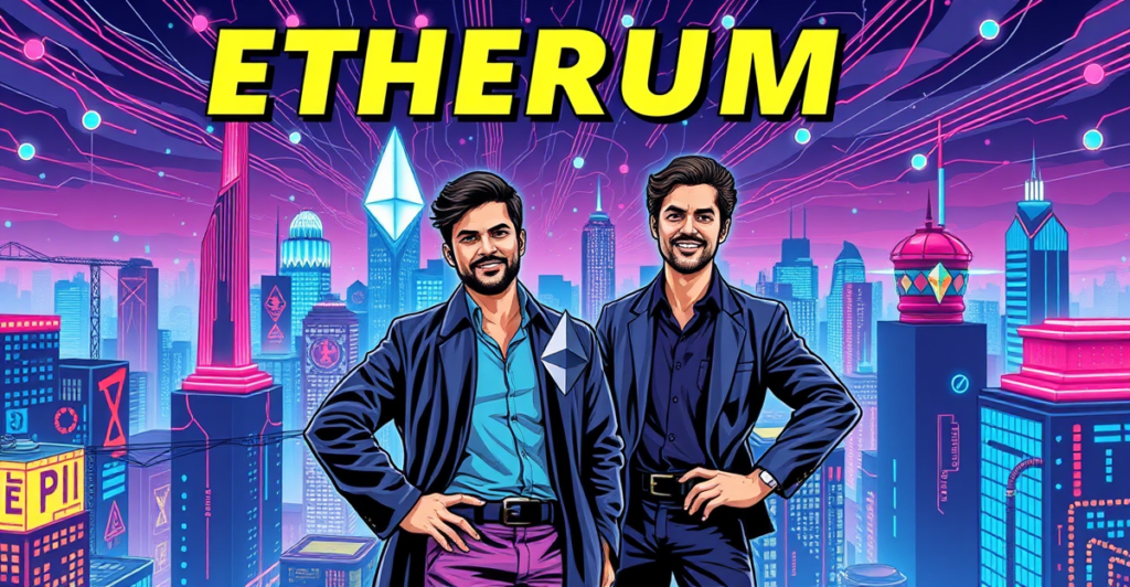 Polygon联合创始人Sandeep Nailwal和Vitalik Buterin站在象征以太坊第二层网络的未来城市景观前