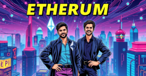Polygon联合创始人Sandeep Nailwal和Vitalik Buterin站在象征以太坊第二层网络的未来城市景观前