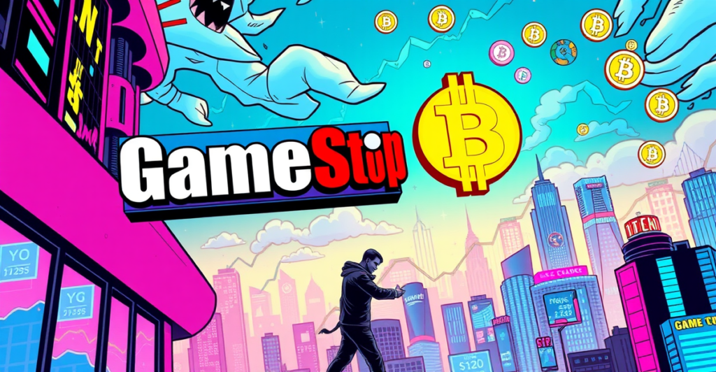 GameStop吉祥物站在金币堆上，背景是发光的比特币符号，象征公司对比特币的投资
