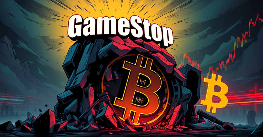 GameStop标志在比特币符号的重压下崩塌，背景是暴跌的股市趋势图