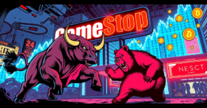 复古漫画风格插图展示了一头公牛冲向熊，背景是霓虹灯GameStop标志和波动的股市图表，象征2021年GameStop空头挤压事件。