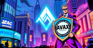复古漫画风格封面展示Avalanche (AVAX)标志和灰度投资标志，背景为未来城市和证券交易所，象征加密货币ETF的批准。