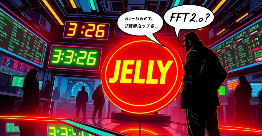 复古漫画风格插图展示Hyperliquid JELLY事件中的加密货币交易危机，背景有FTX 2.0的警示
