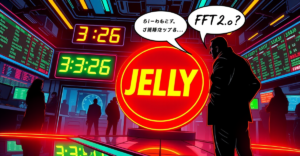复古漫画风格插图展示Hyperliquid JELLY事件中的加密货币交易危机，背景有FTX 2.0的警示