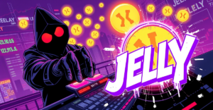 一名神秘交易者在霓虹城市背景下操纵JELLY代币，导致市场混乱