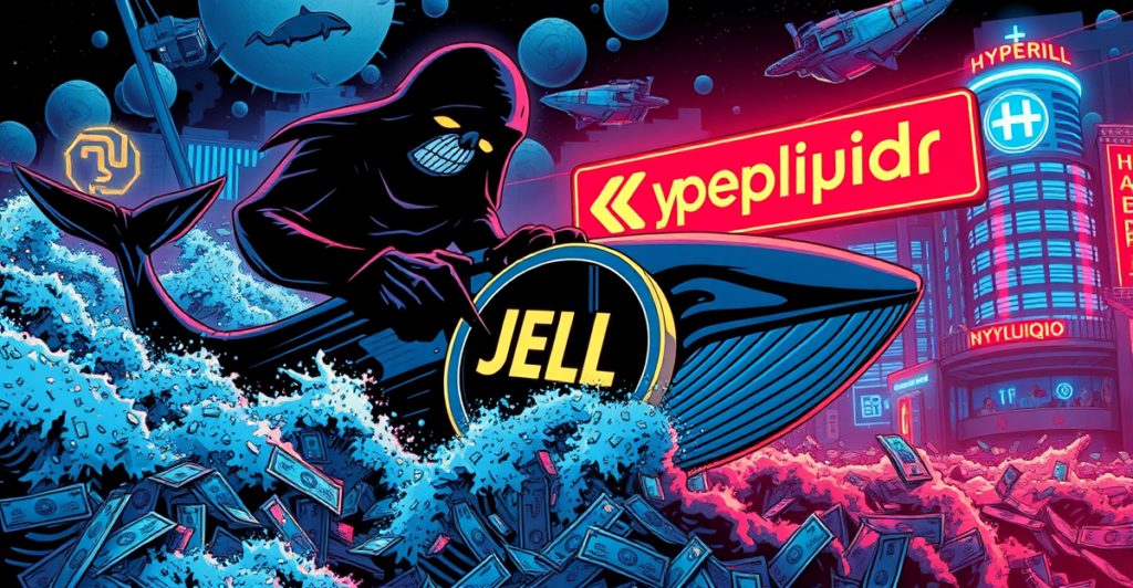 加密巨鲸在霓虹灯下的交易所操纵JELLY迷因币价格，背景是波动的数字市场和区块链城市景观