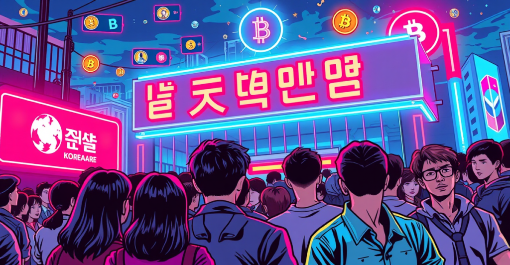 复古漫画风格插画展示在霓虹灯下的韩国加密货币交易所前聚集的人群，背景漂浮着数字货币和区块链符号