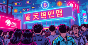 复古漫画风格插画展示在霓虹灯下的韩国加密货币交易所前聚集的人群，背景漂浮着数字货币和区块链符号