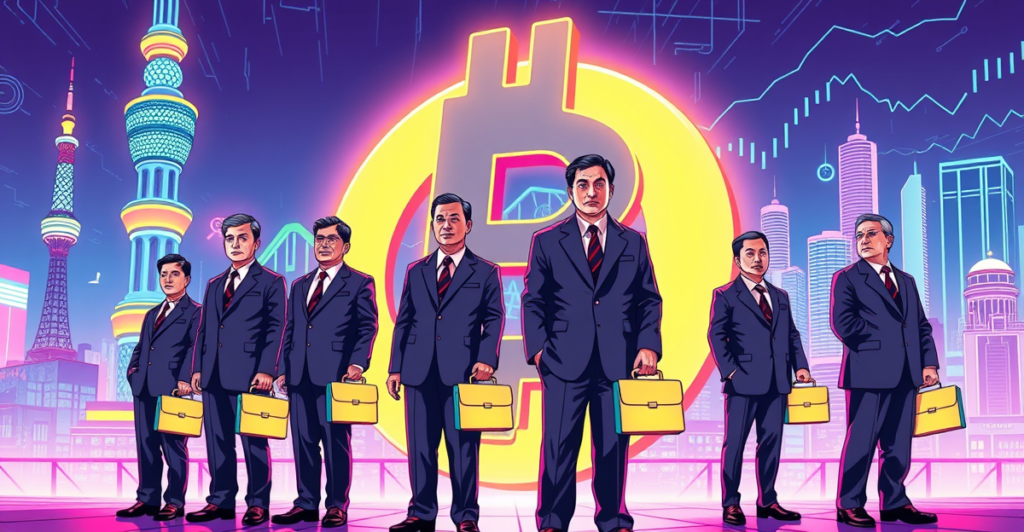 韩国公务员站在发光的加密货币符号前，背景是首尔的未来主义天际线和上升趋势的数字图表