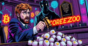 Logan Paul在法庭上与CryptoZoo NFT项目相关的诽谤诉讼场景，复古漫画风格