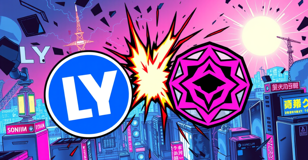 LY Corporation与Soneium合作的复古漫画风格封面，背景为未来东京天际线和区块链技术象征