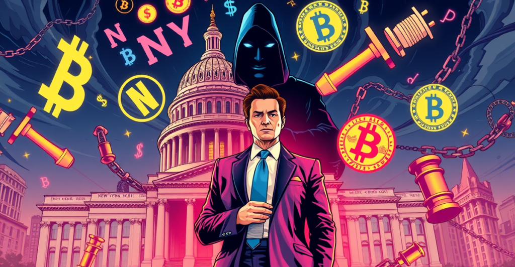 Anthony Scaramucci confronts the NYAG over the Martin Act in a retro comic style, with cryptocurrency and legal symbols in the background.