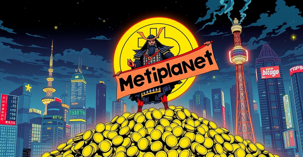 日本武士站在比特币符号前，象征Metaplanet公司的比特币投资策略