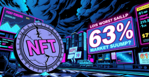 一幅展示NFT销售额下降的复古漫画风格插图，前景是一个破裂的NFT代币，背景中有少数几个逆势增长的NFT系列。