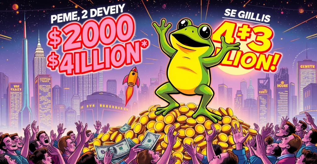 一只卡通青蛙站在金币和美元堆上，象征Pepe memecoin从2000美元飙升至4300万美元的惊人旅程