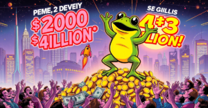 一只卡通青蛙站在金币和美元堆上，象征Pepe memecoin从2000美元飙升至4300万美元的惊人旅程