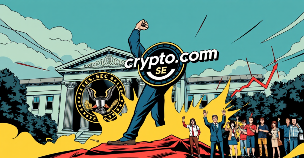 Crypto.com标志在SEC大楼背景下胜利矗立,象征对监管挑战的胜利