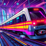 磁悬浮列车象征Solana高速区块链技术，背景为未来城市和数字符号