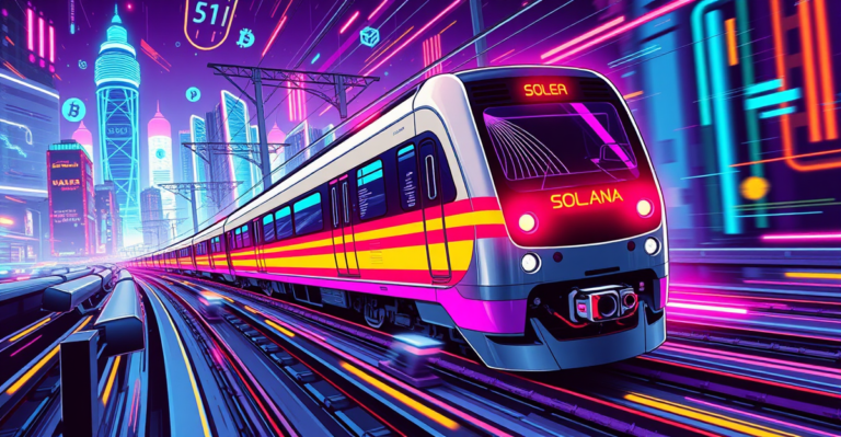 磁悬浮列车象征Solana高速区块链技术,背景为未来城市和数字符号