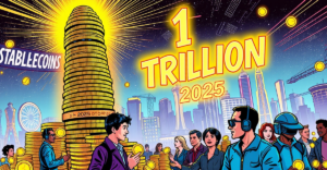 复古漫画风格插图展示稳定币增长至1万亿美元，背景为未来城市和交易场景