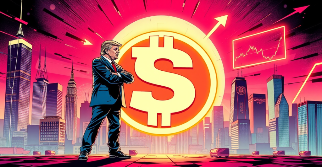 加密货币投资者站在发光的稳定币符号前，背景是代币化的现实世界资产，象征规避市场波动的策略。