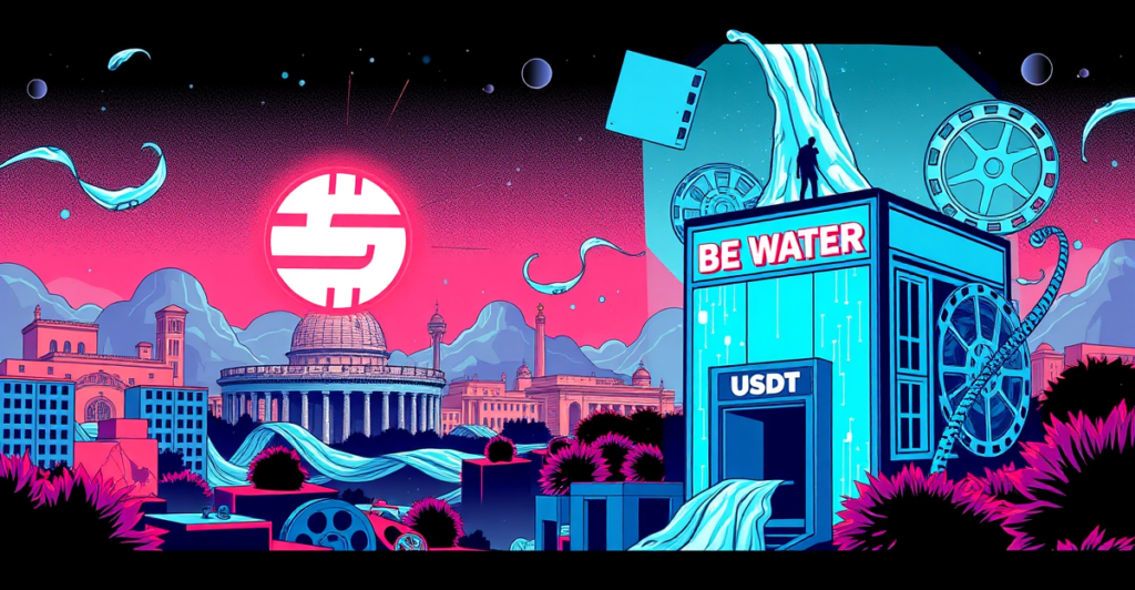 Tether标志如水流般注入标有Be Water的媒体公司大楼，象征1000万欧元的投资