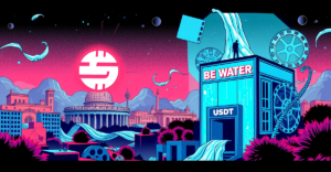 Tether标志如水流般注入标有Be Water的媒体公司大楼，象征1000万欧元的投资